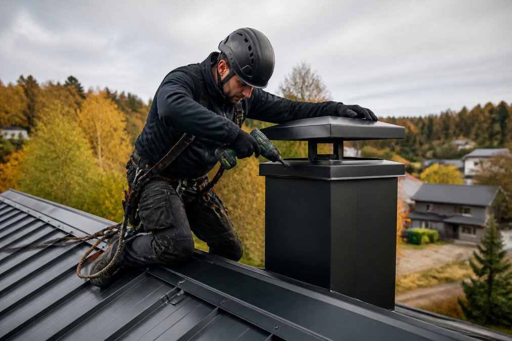 Taksmed som monterer en tilpasset pipehatt på et takdekke, med verktøy og sikkerhetsutstyr synlig i bakgrunnen