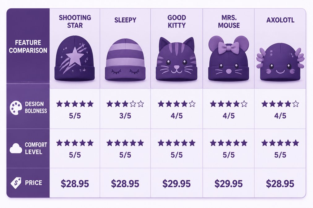 Feature comparison matrix showing: Beanie (Shooting Star, Sleepy, Good Kitty, Mrs. Mouse, Axolotl), Design boldness (5/5, 3/5, 4/5, 4/5, 4/5), Comfort level (4/5, 5/5, 5/5, 5/5, 5/5), Price ($28.95, $28.95, $29.95, $29.95, $28.95)