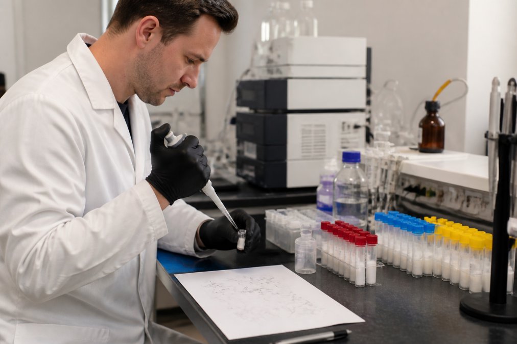 Wetenschapper die aan een laboratoriumtafel werkt met peptide-samples in verschillende buisjes, documentatie met chemische structuren, en analytische instrumenten, gefocust op het uitvoeren van peptide-modificaties