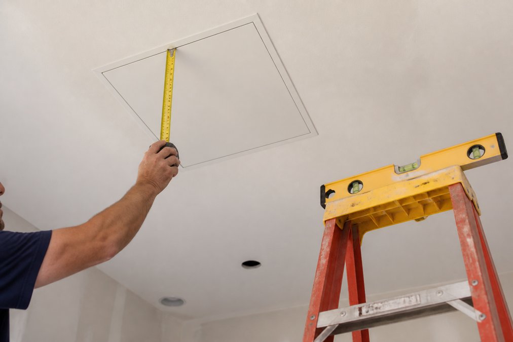 A contractor's hand holding a tape measure against a flush access door installed in a drywall ceiling, with a torpedo level resting on a ladder nearby, bright job-site lighting