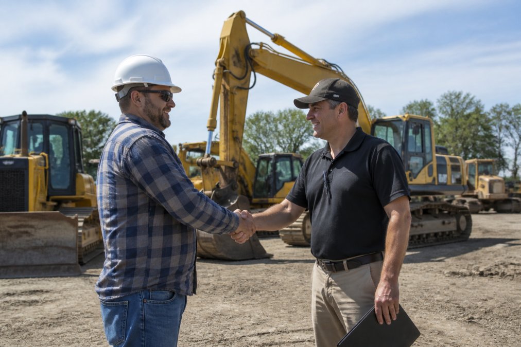 Construction contractor shaking hands with equipment broker in front of heavy excavators and dozers on equipment lot, natural daylight