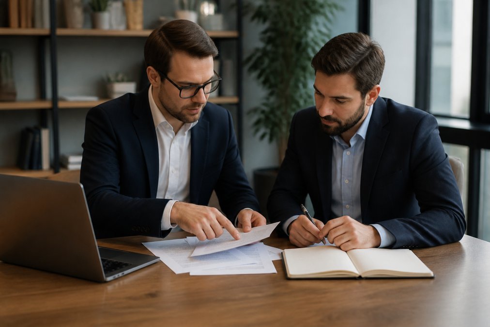 Two business professionals reviewing contract documents and discussing terms at desk with laptop and papers, professional office setting with natural lighting