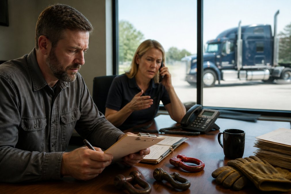 Fleet manager reviewing a heavy duty towing agreement while a dispatcher coordinates details via phone