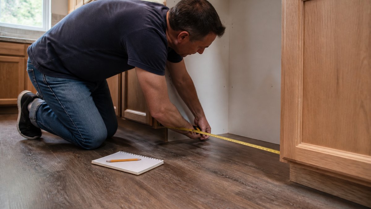 A homeowner kneeling on a kitchen floor with a metal tape measure, measuring the width of a refrigerator opening between two wood cabinets; a notepad and pencil sit on the floor beside them, natural daylight from a nearby window