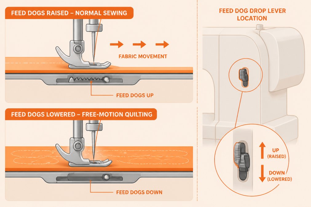 Diagram showing feed dog positions on a domestic sewing machine: raised position for normal sewing with arrows indicating forward fabric movement, lowered position with feed dogs below the needle plate for free-motion quilting, and close-up of feed dog drop lever location on machine side