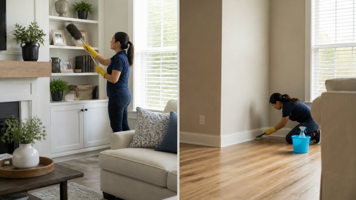 Split scene of a bright living room, one side showing a cleaner lightly dusting a shelf while furniture stays in place, the other side showing the same room with sofa moved aside and a cleaner scrubbing baseboards under natural window light