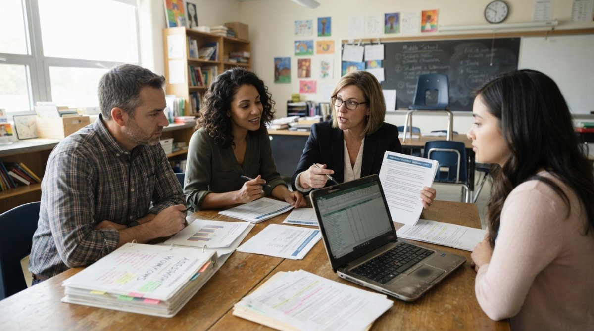 Teachers and administrators collaborating on assessment workflows using digital and paper documentation.