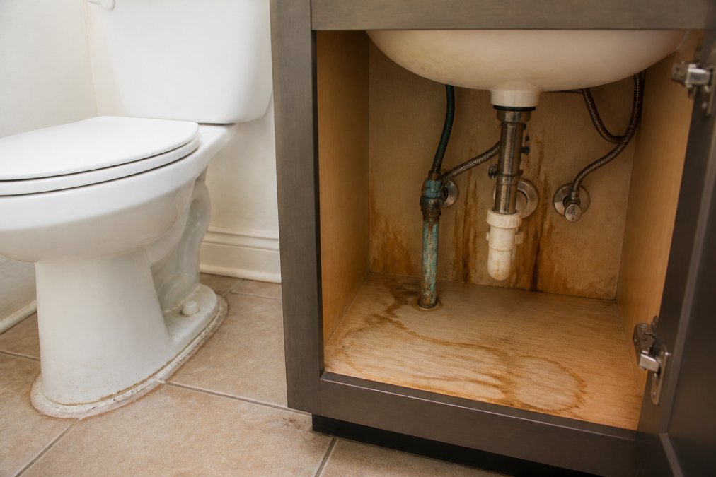 Close-up of corroded supply lines beneath a bathroom sink, water stains visible on cabinet interior, and deteriorated caulking around toilet base in a typical student housing unit bathroom