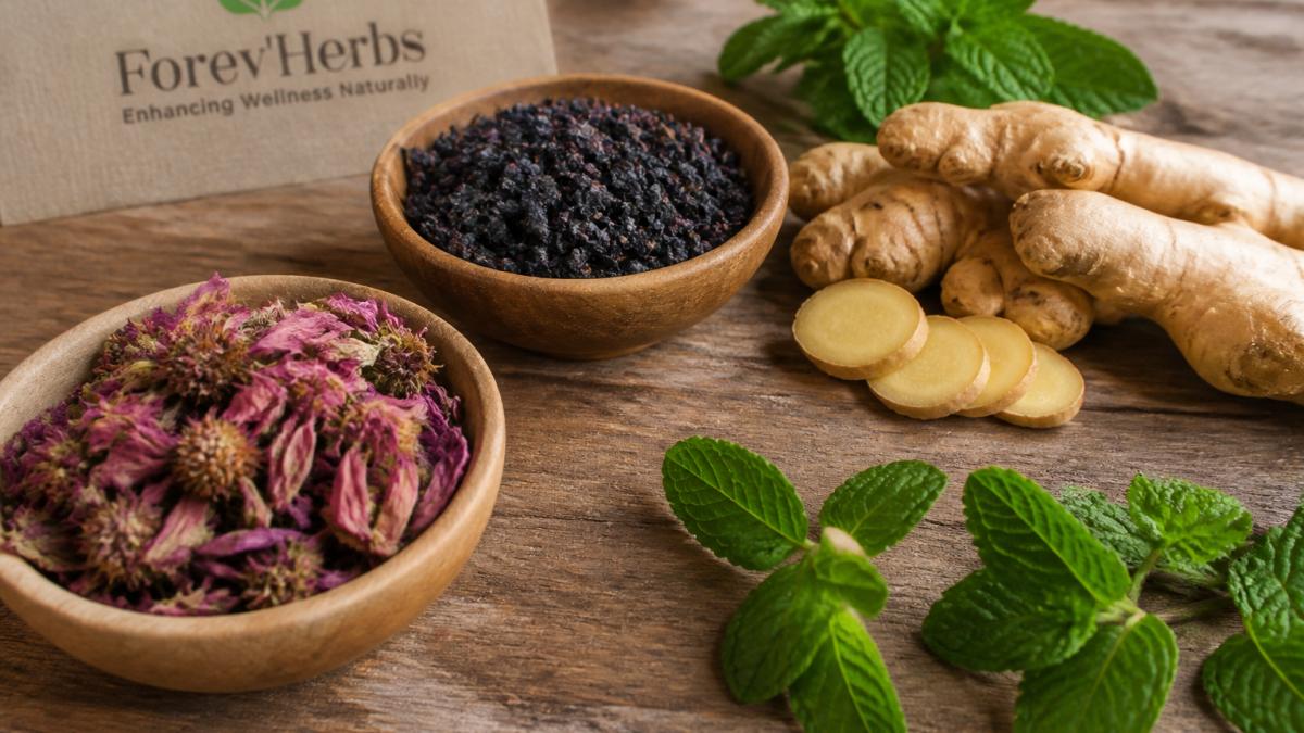 Close-up of dried medicinal herbs including elderberries, echinacea flowers, ginger root, and peppermint leaves arranged on a natural wooden surface with soft natural lighting