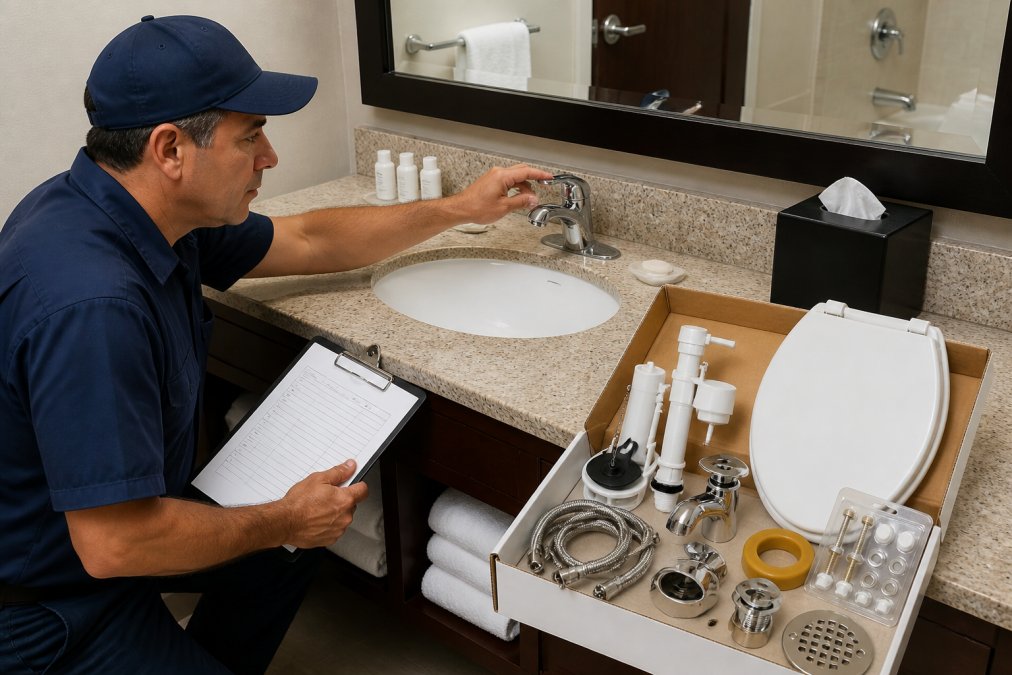 Maintenance technician in uniform inspecting a hotel bathroom sink and faucet, holding a checklist clipboard, with organized tool kit visible on counter and bathroom fixtures in background