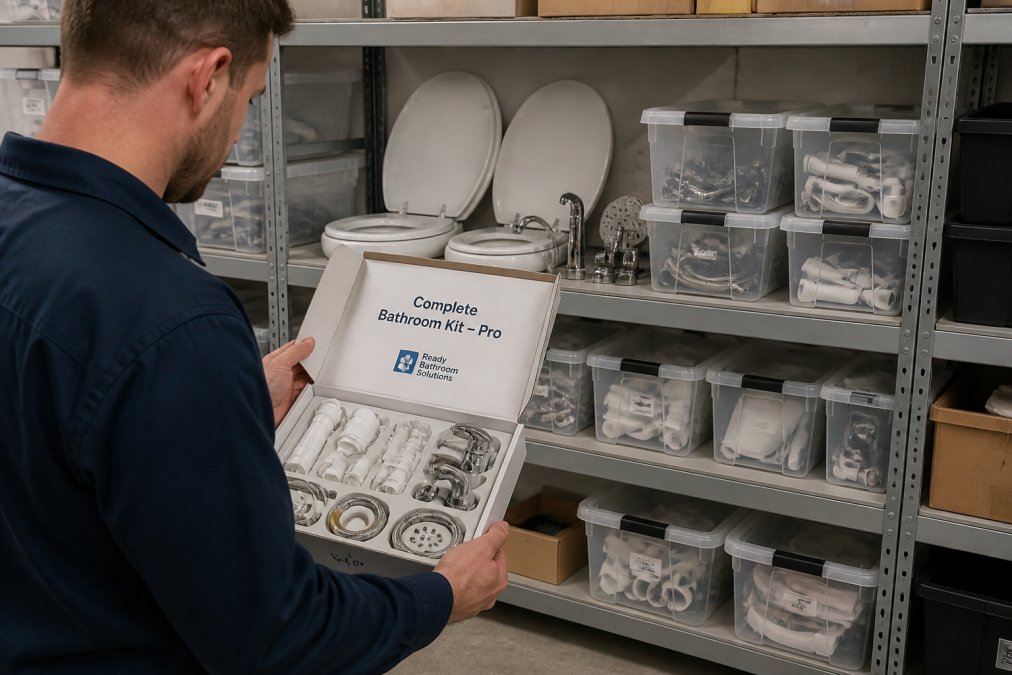 Facilities manager or property team reviewing standardized bathroom repair kits organized in labeled storage boxes in a maintenance supply room with metal shelving and organized inventory
