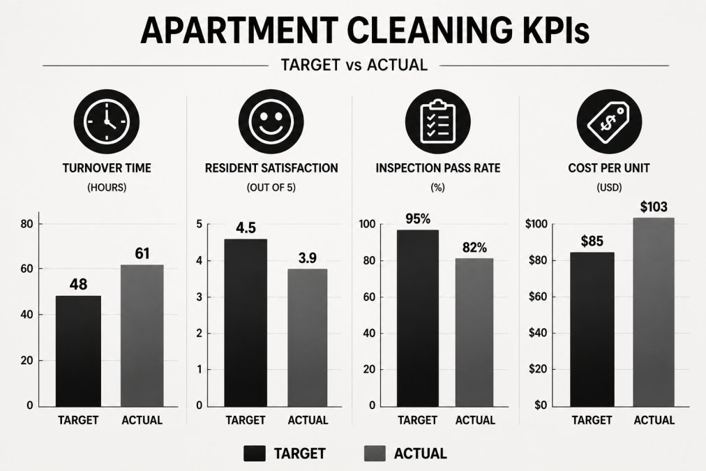 Bar chart comparing cleaning quality KPIs including turnover time, resident satisfaction, and inspection pass rates.