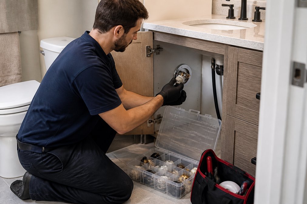 Maintenance technician repairing a shower valve while standardizing fixture brands across property portfolios