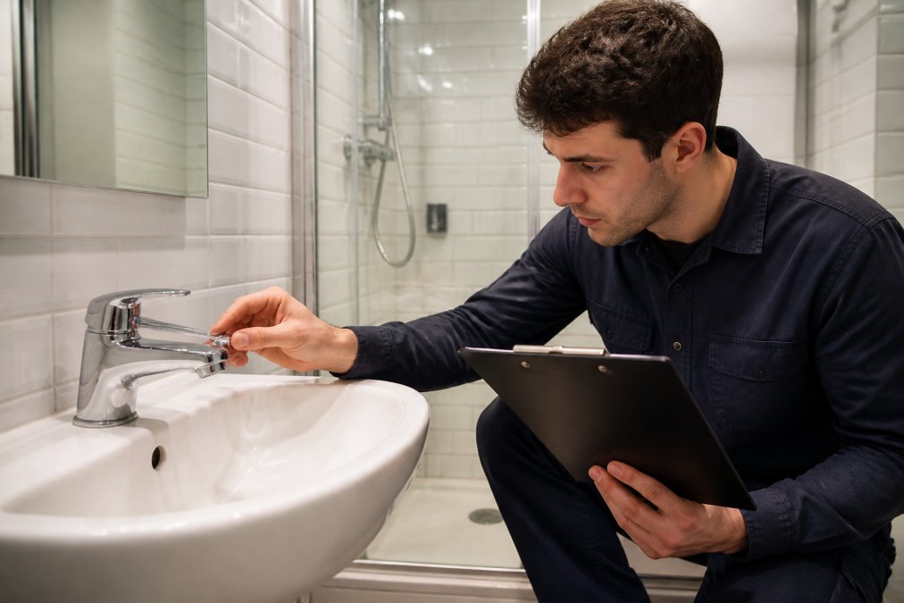 A maintenance technician in a dark uniform holding a clipboard and closely inspecting a bathroom faucet in a clean, well-lit student apartment bathroom with white tile walls and bright overhead lighting