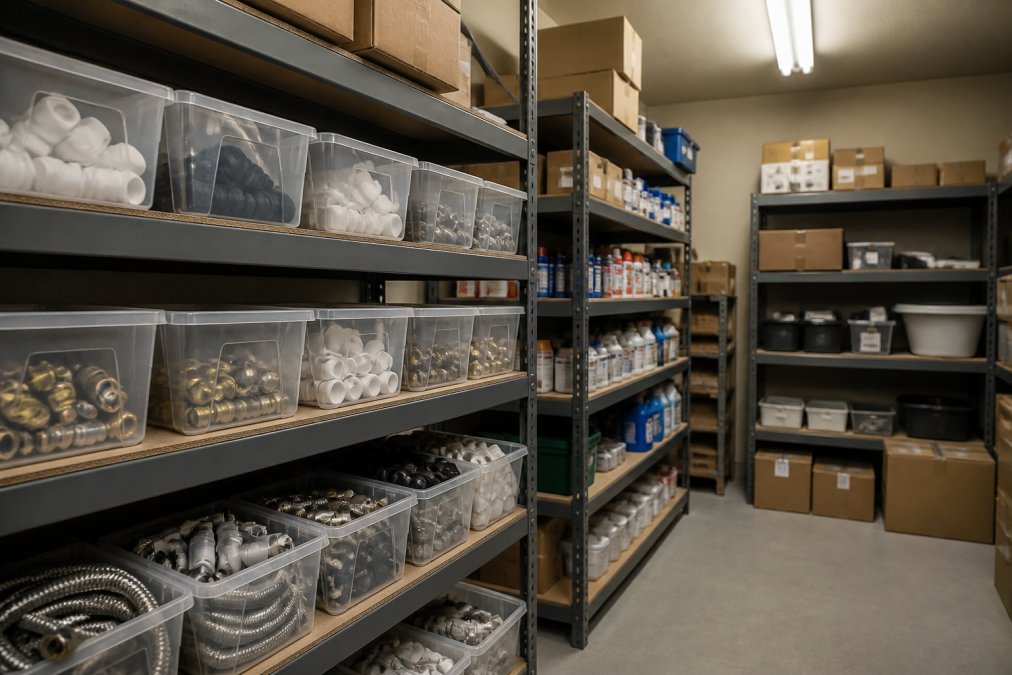 An organized maintenance supply room with labeled plastic bins of pre-kitted bathroom repair parts, including faucet cartridges, toilet flappers, and supply lines, arranged neatly on metal shelving units under bright fluorescent lighting
