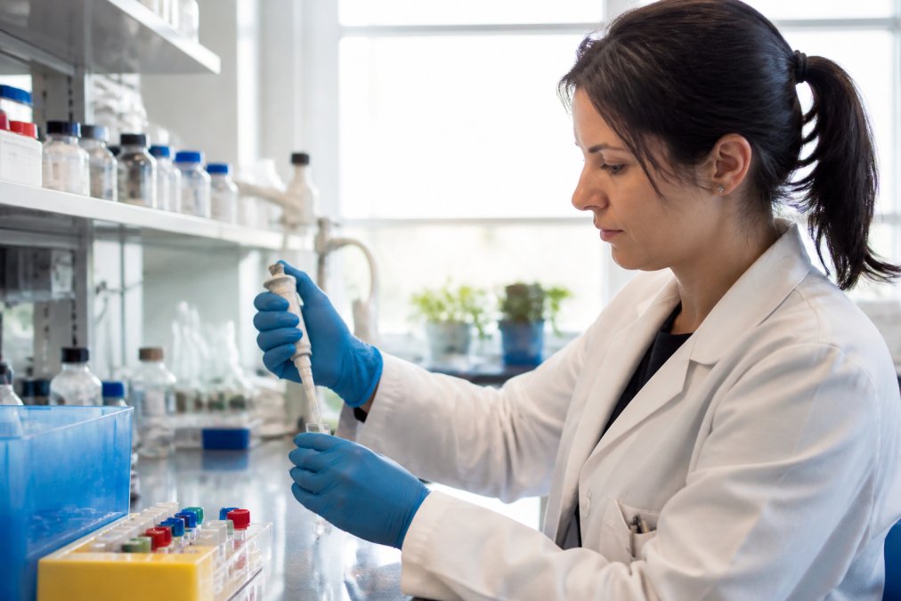 Professional demonstrating standardizing molecular assay research protocols technique in modern clinical setting with natural lighting