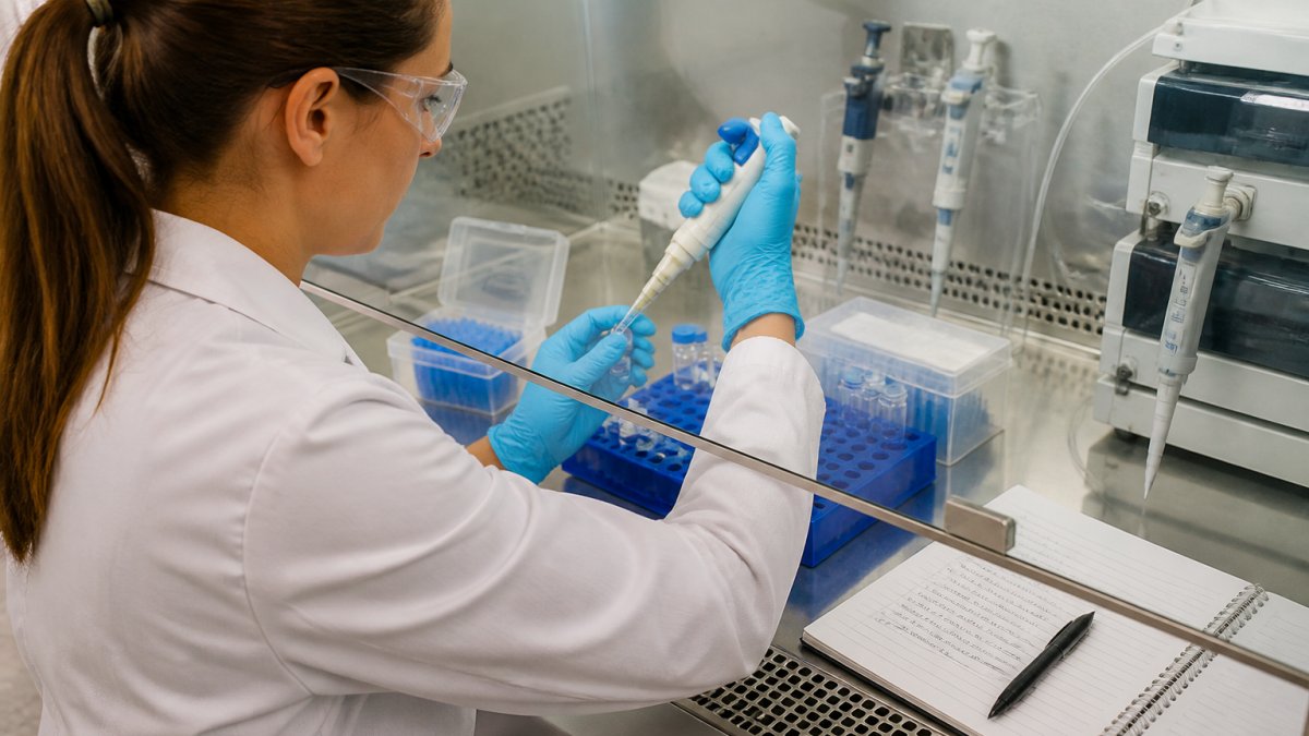 Researcher reconstituting samples at a biosafety cabinet for standardizing peptide protocols