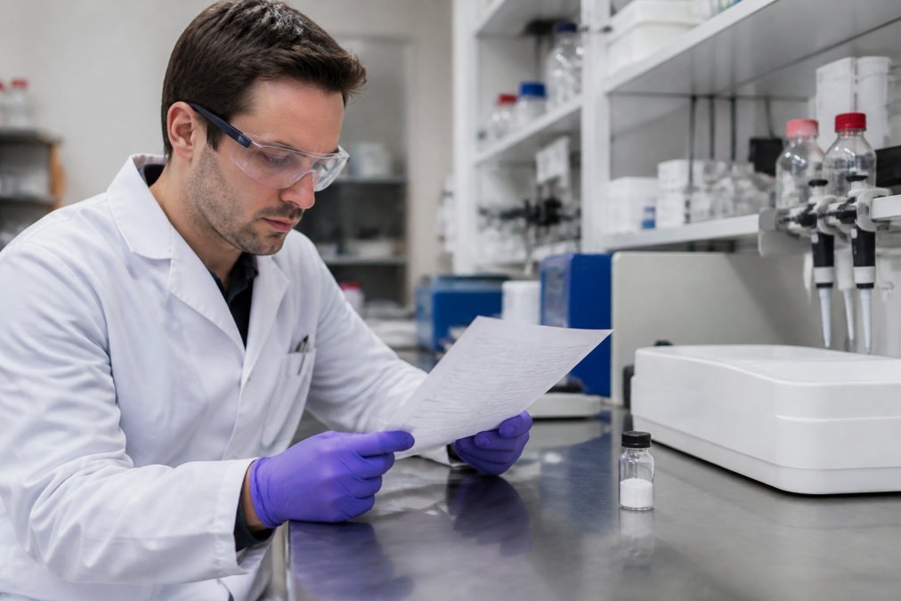 Researcher reviewing a certificate of analysis for peptide research protocols beside a vial of lyophilized powder