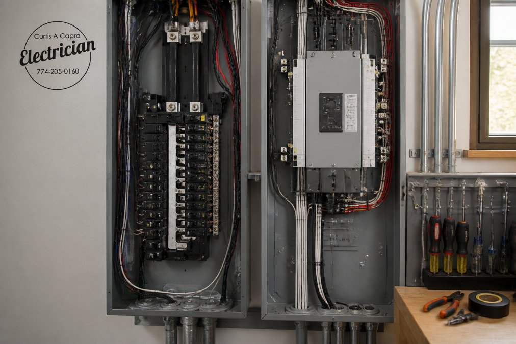 Professional electrician installing an automatic transfer switch and connection wires on a residential electrical panel with proper lighting and workspace organization