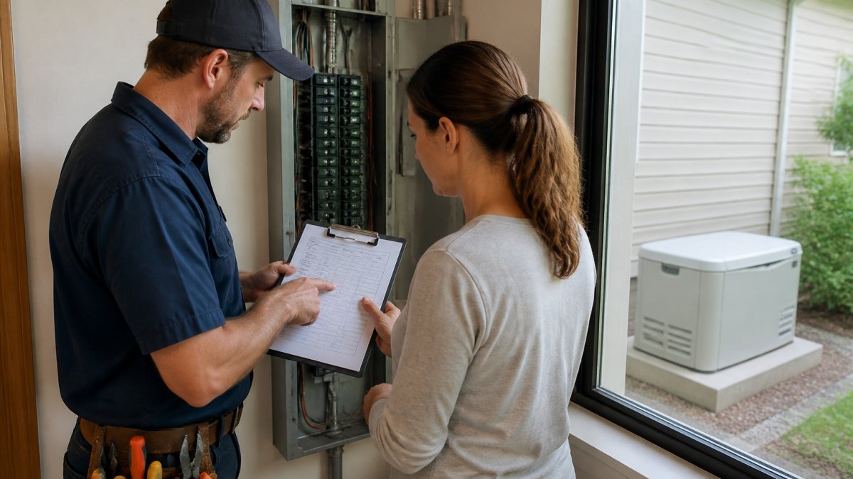 A homeowner and a licensed electrician reviewing a load-sizing worksheet on a clipboard next to a home electrical panel, with a standby generator visible through a window in the background