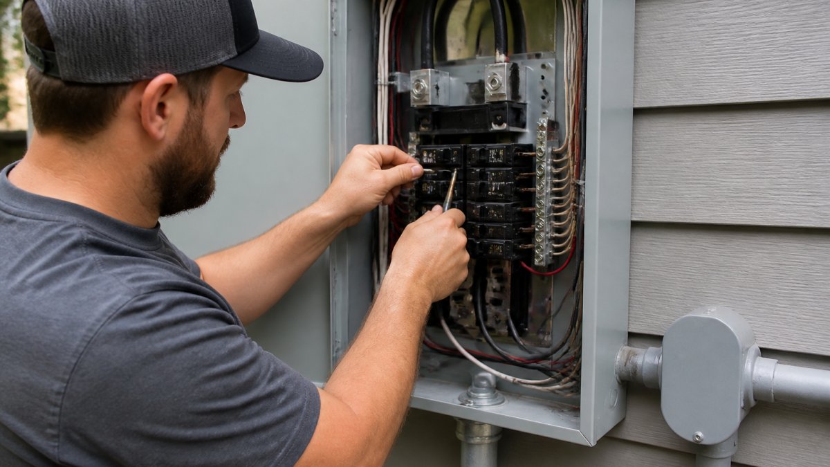 Licensed electrician installing a transfer switch on an electrical panel, showing the connection point with breakers and wiring mounted on a home's exterior wall