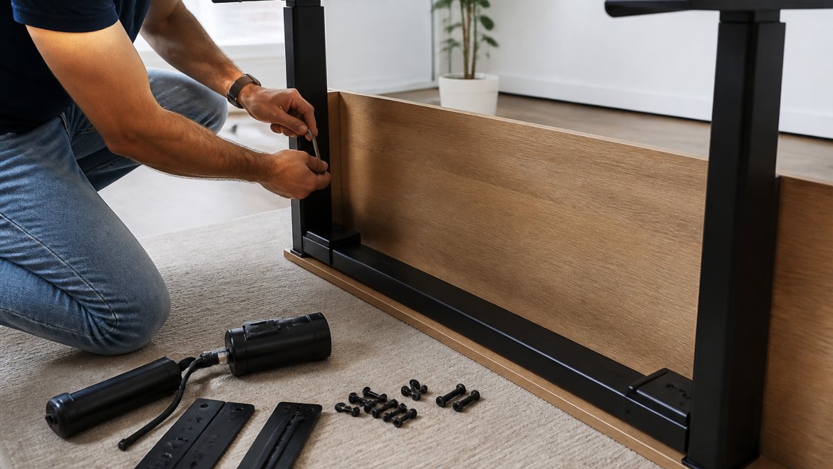 Person assembling a height-adjustable desk with an Allen key in a bright home office with fixings laid out on the floor