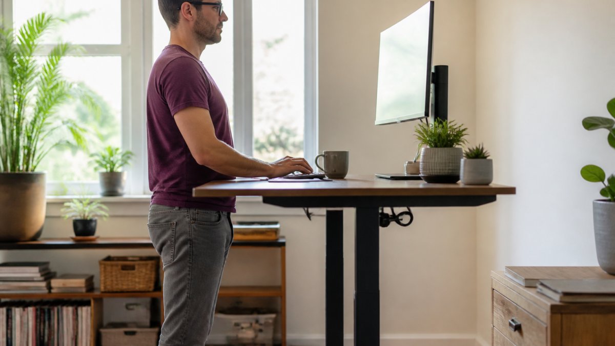 Person standing at desk with correct posture, shoulders relaxed, elbows at 90 degrees, monitor at eye level, feet flat on floor, bright home office with natural lighting