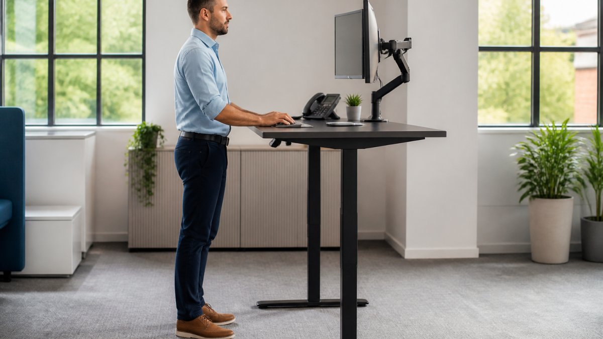 Office worker standing at an adjustable desk with proper posture, monitor at eye level, elbows at 90 degrees, feet flat on floor, in a bright modern workspace