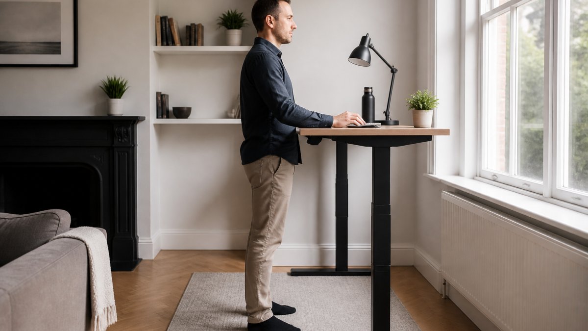 A person working at a height-adjustable standing desk in a bright home office, forearms level with the desktop and monitor at eye level, showing correct standing posture