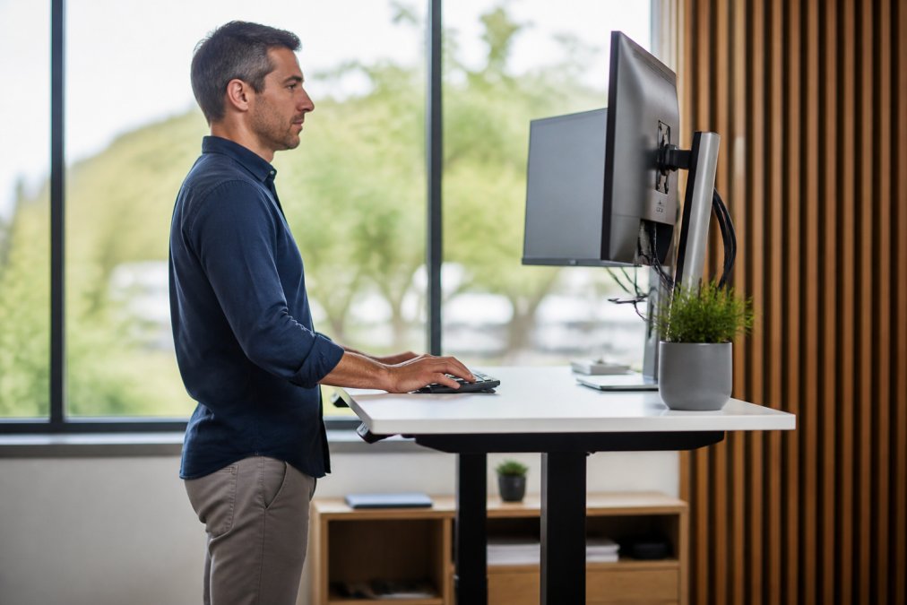 Professional working at a properly adjusted standing desk with a neutral spine posture and monitor at eye level