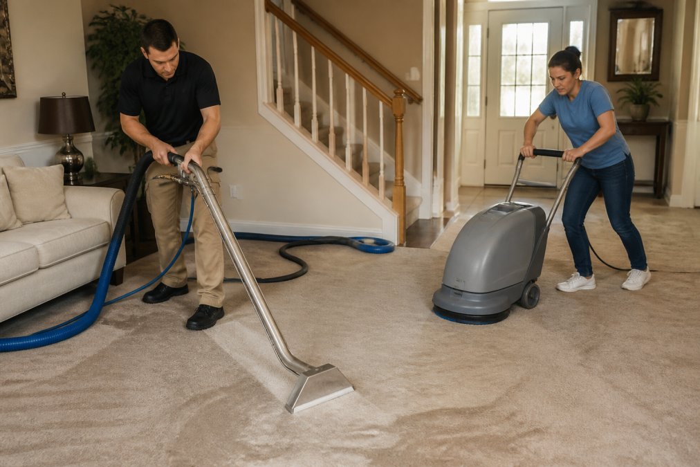 Professional technician using industrial cleaner versus a homeowner struggling with a rental machine.
