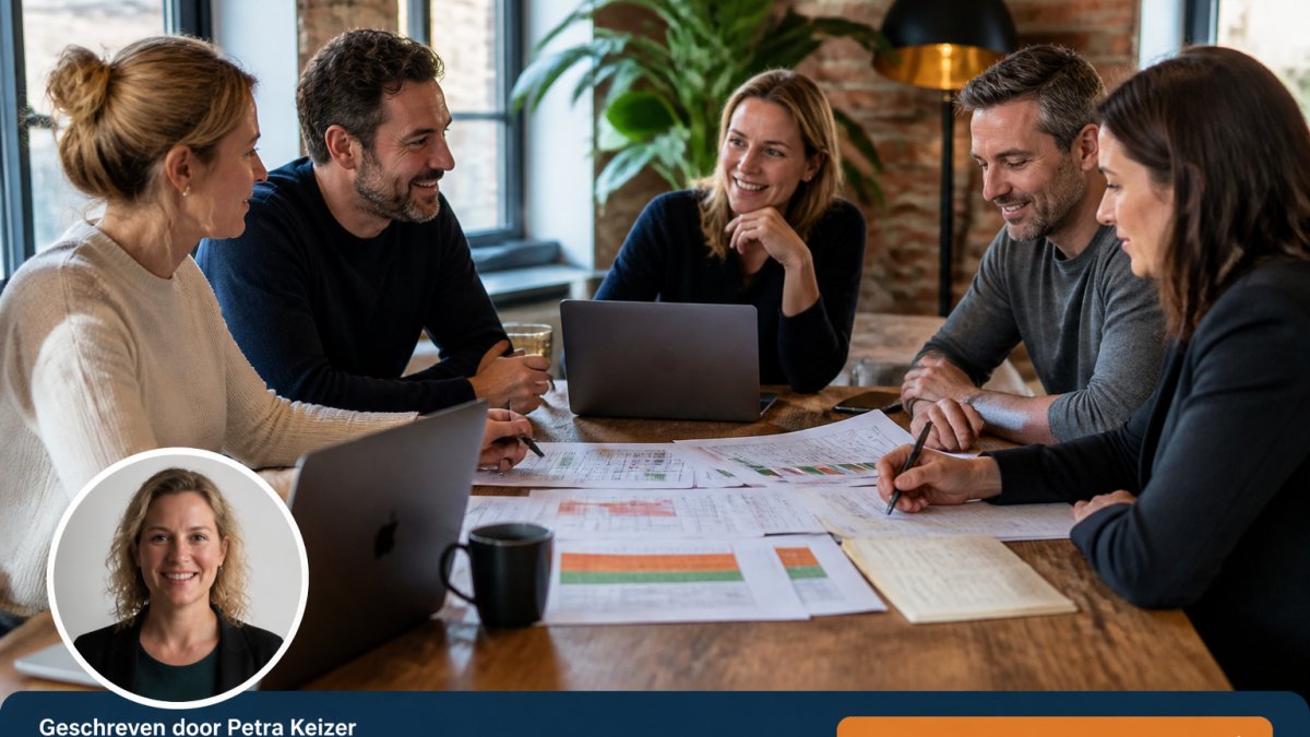 HR-manager en collega's in kantoor rond tafel met laptops, planning spreadsheet voor bedrijfsfeest met notities en budget overzicht zichtbaar