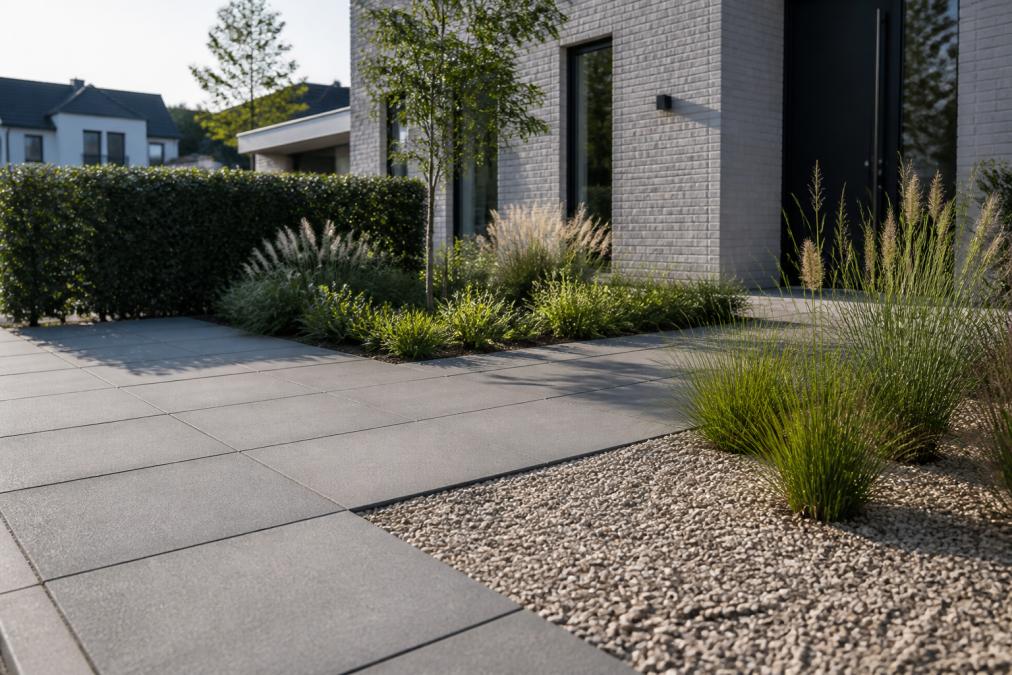 A modern Dutch front garden with sleek grey concrete tiles, a water-permeable gravel border, and low ornamental grasses, photographed in soft daylight