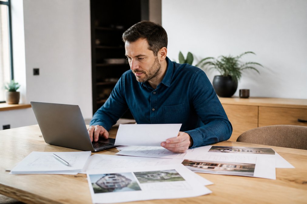 Huiseigenaar zittend aan tafel met papieren, situatieschets en bouwplannen, werkend op laptop om aanvraag in te dienen via het Omgevingsloket
