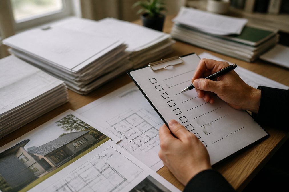 Dichtbij van handen met checklist en pen, documenten georganiseerd op tafel met renovatieplannen en situatieschetsen