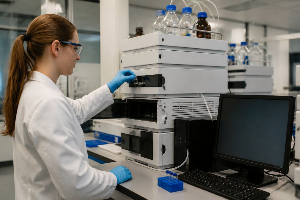 Laboratoriumtechnicus gebruikt HPLC-analyse voor peptiden kwaliteit verificatie in een modern onderzoekslaboratorium