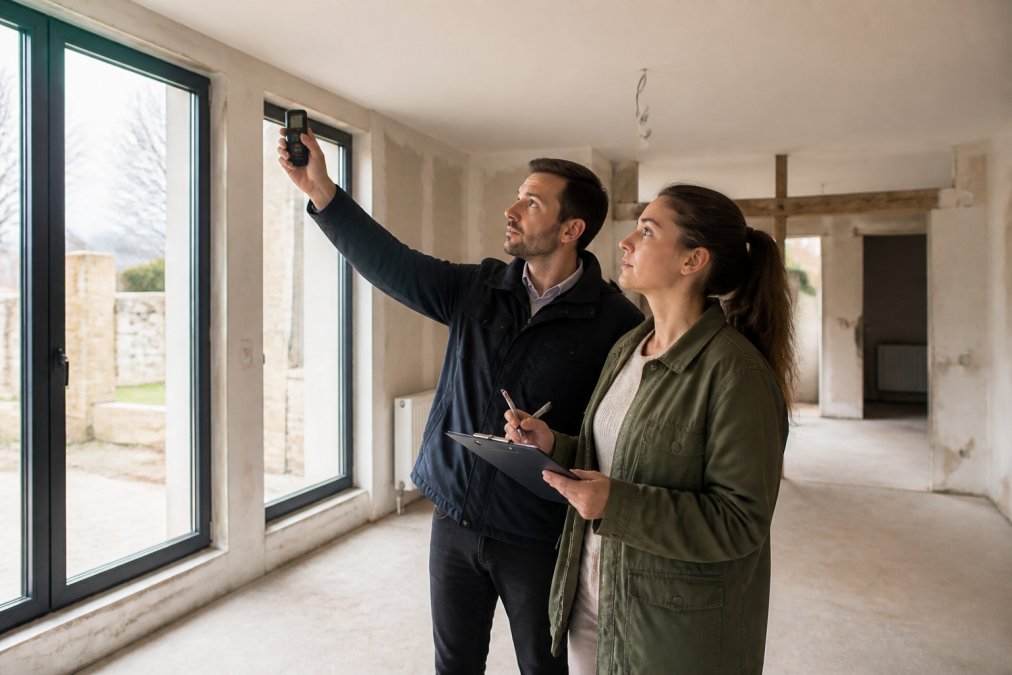 Huiseigenaar en bouwdeskundige voeren grondige inspectie uit in lege woonkamer met meetinstrumenten en checklist, natuurlijk daglicht van grote ramen