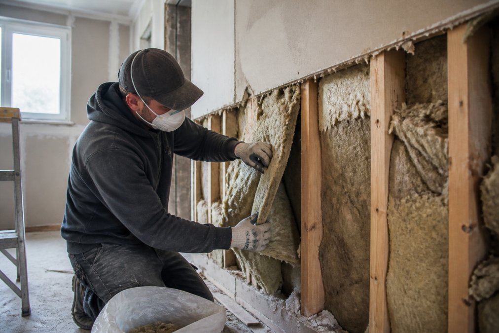 Bouwvakker in veiligheidsuitrusting inspectert en verwijdert isolatiemateriaal aan binnenmuur van woning in renovatie, stofmasker en handschoenen zichtbaar