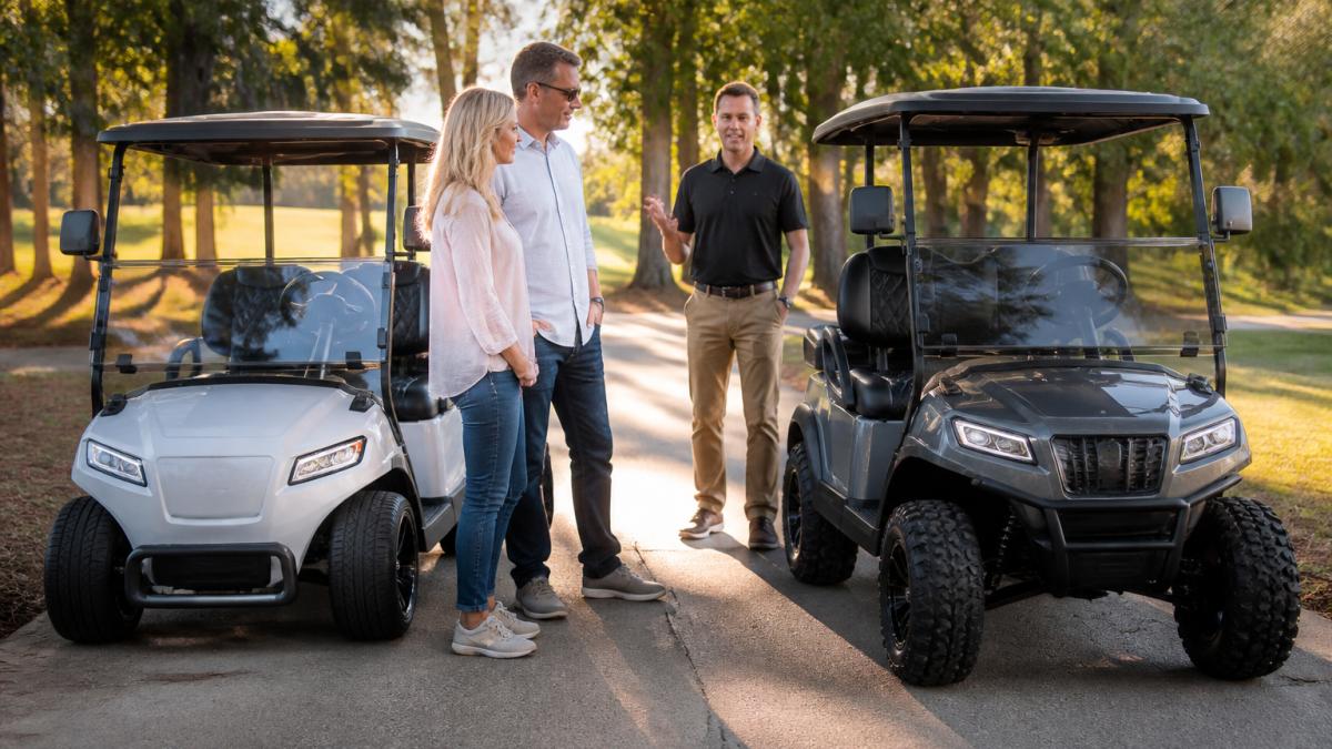 Two golf carts, a STAR EV and an EPIC model, parked side by side on a paved path lined with trees, late afternoon sunlight, a couple examining the carts with a salesperson in the background