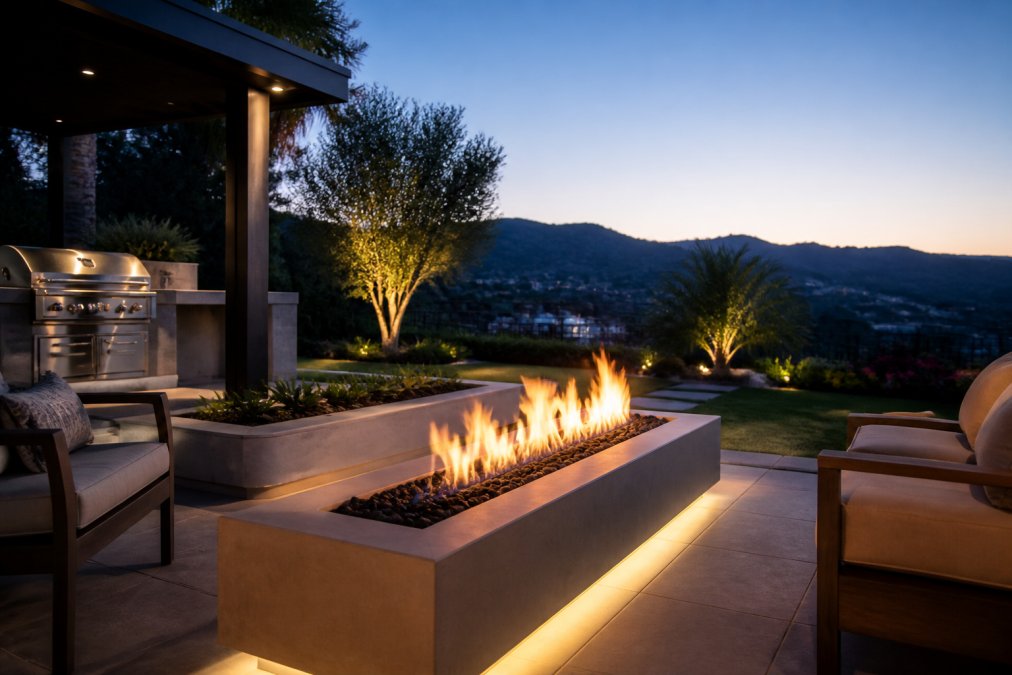 Luxury outdoor living space at dusk with an elegant modern fireplace as the focal point, warm flames glowing, comfortable seating arranged nearby, landscaping and architectural details visible