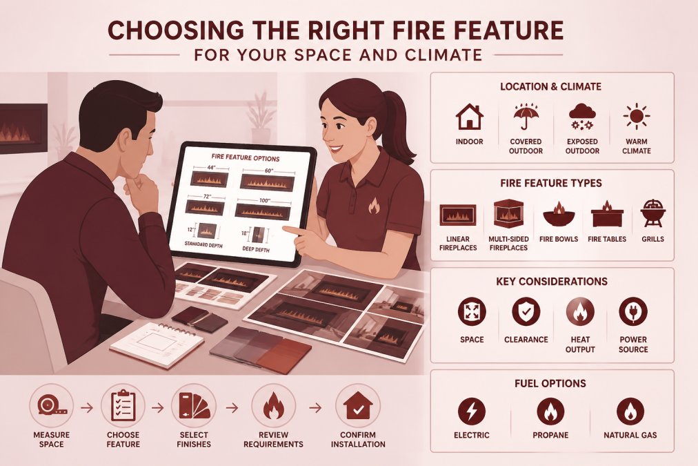Homeowner or designer consulting with a product specialist indoors, reviewing fireplace specifications, color samples, and design options on a table or tablet