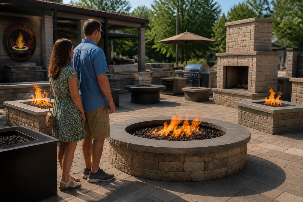 Homeowner browsing fire pit and fireplace options displayed in showroom setting with various models arranged on patio, natural daylight illuminating outdoor living displays
