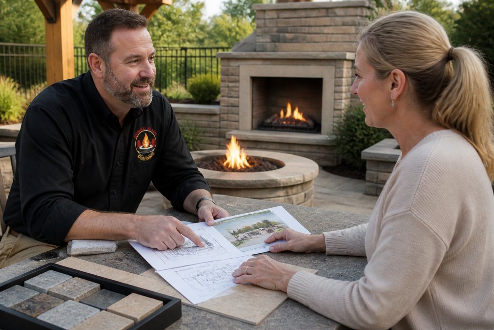 Outdoor living design consultant meeting with homeowner at consultation table, reviewing fire feature specifications and backyard layout plans, professional setting with design samples visible