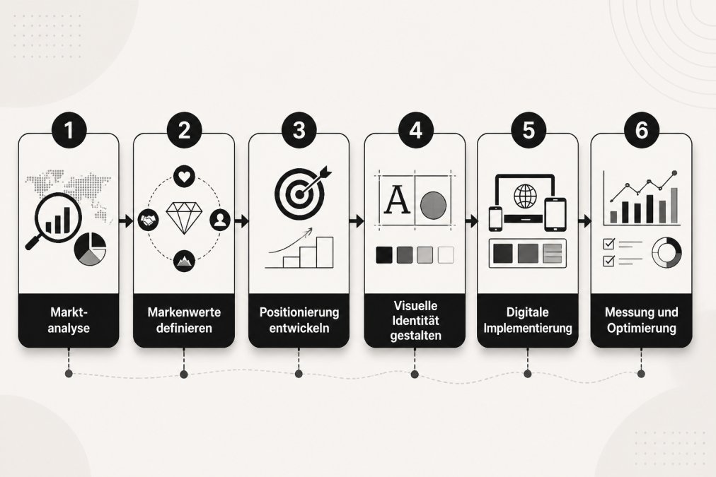 Flowchart showing the 6-step brand identity building process: Marktanalyse → Markenwerte definieren → Positionierung entwickeln → Visuelle Identität gestalten → Digitale Implementierung → Messung und Optimierung