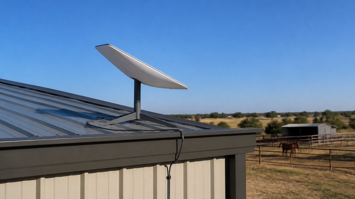 Starlink satellite dish mounted on ranch roofline with clear northern sky view, showing proper installation angle and cable routing away from metal structures