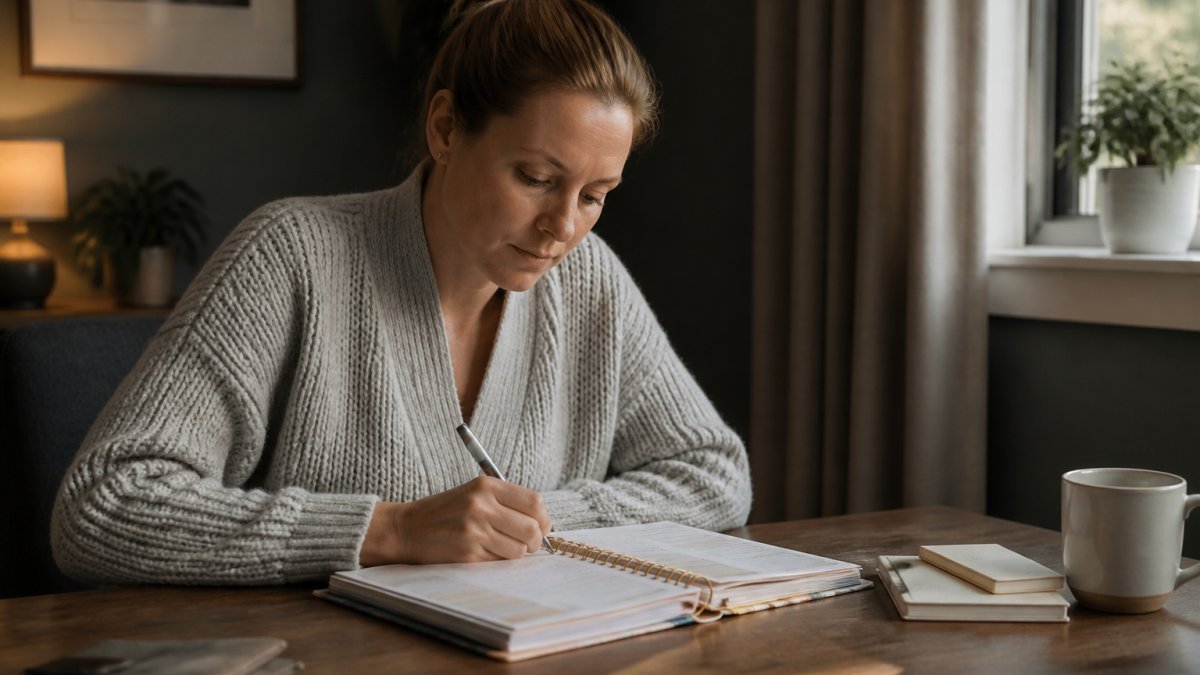 Parent working at desk during early morning hours with laptop, planner, and coffee, focused and organized in quiet home setting