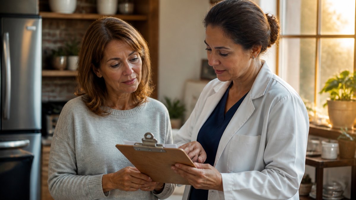 Woman reviewing lab results with a doctor to build a hormone optimization plan after 45 in a medical office.