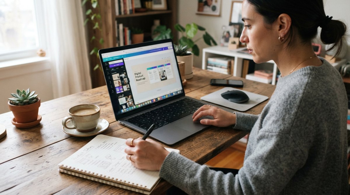 Person sitting at a desk with a laptop, reviewing Canva templates and customizing a digital product design, with a notebook and coffee nearby