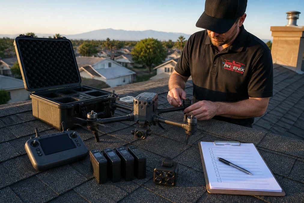Drone operator preparing equipment on residential rooftop with DJI Matrice drone, remote controller, spare batteries, thermal camera sensor, and inspection checklist laid out on work surface in morning light