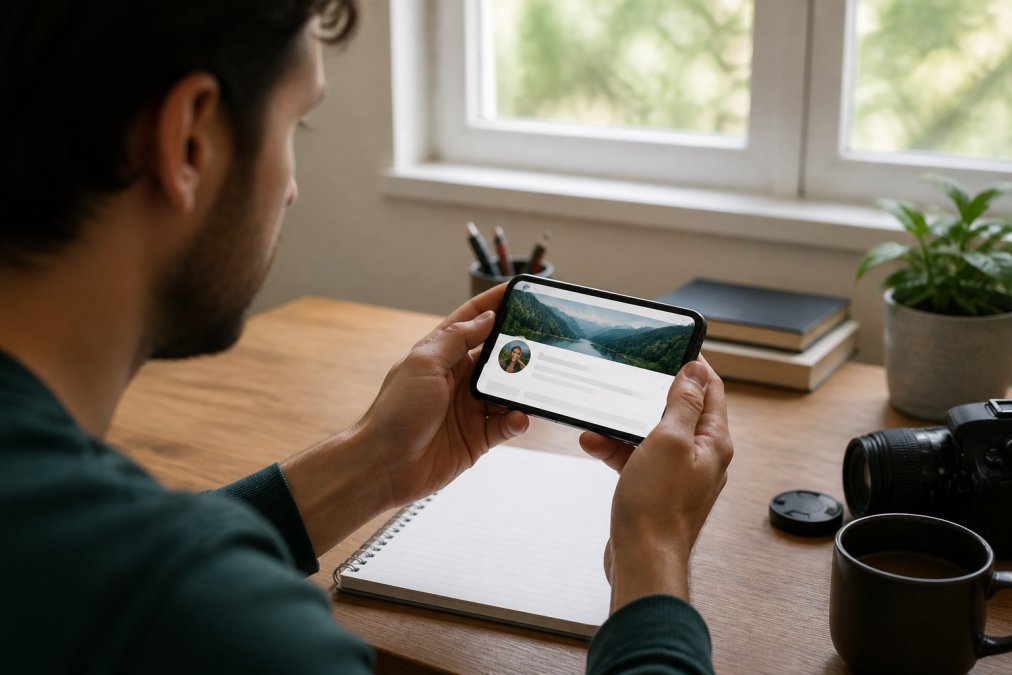 Smartphone displaying YouTube channel creation screen with custom banner and profile picture visible on the display, hands holding phone in home office setting with natural window light